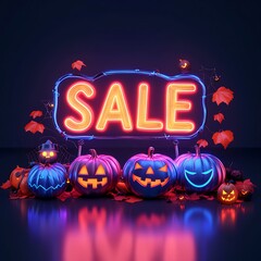 Neon sale sign with glowing pumpkins and autumn leaves. Halloween-themed advertisement for seasonal promotions and discounts.