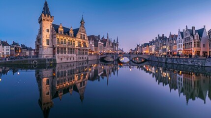 Obraz premium Beautiful twilight cityscape of Ghent. Captivating reflections in calm water reveal charming architecture. This image captures the magic of historic buildings and scenic bridges. AI
