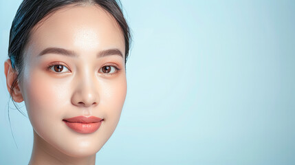 Obraz premium Beautiful Asian Woman with Clean Fresh Skin on Blue Background, Beauty and Skincare Concept, Perfect Skin, Spa, Treatment, Copy Space, Cosmetology, Natural Makeup, Wellness, Health, Dermatology