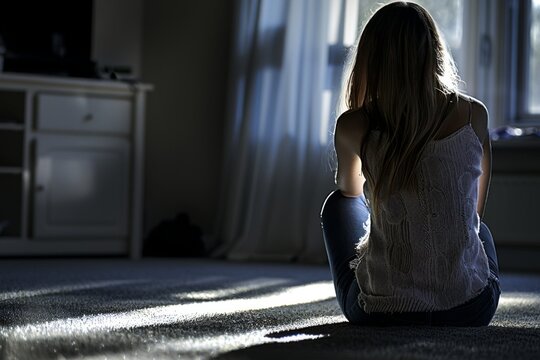 Young Woman, Victim of Domestic Violence, Sitting on the Floor Looking Towards the Light of a Window for International Day for the Elimination of Violence Against Women.