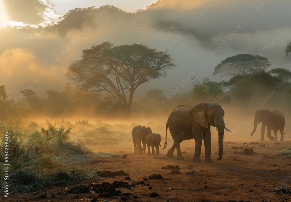 Canvas Prints Elephants Walking through the Misty Savannah at Dawn