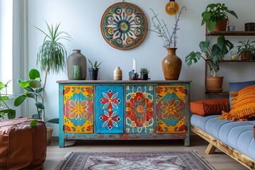  Colorful Wooden Cabinet with Mandala Patterns in American Retro and Bohemian Living Room Decor
