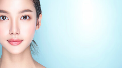 Naklejka premium Beautiful Asian Woman with Clean Skin on Blue Background with Copy Space - Skincare, Beauty and Wellness Concept