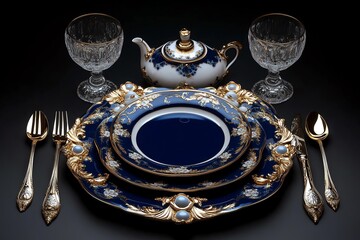 Antiques with a touch of elegance, depicted in an artwork where delicate porcelain, crystal, and silverware are arranged on a table, ready for a grand occasion