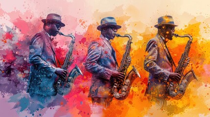This captivating image showcases three saxophonists playing in a vivid, colorful setting, depicting the vibrant atmosphere of a live jazz performance.