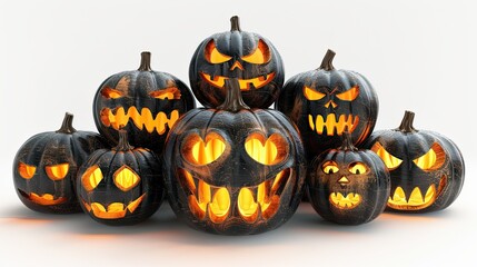 a stack of pumpkins with glowing eyes, Halloween decor, 3D rendering, detailed texture,
