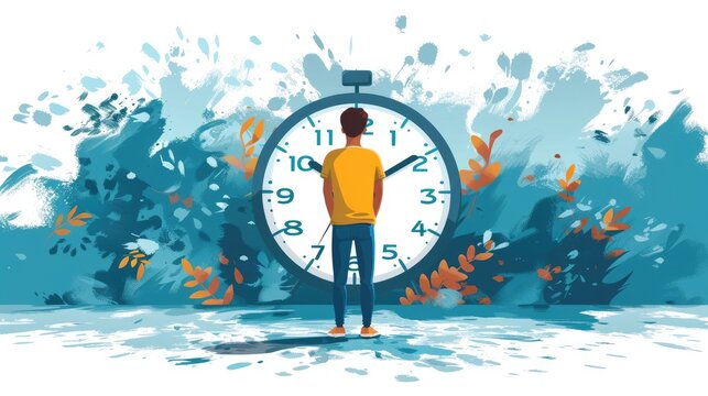 An abstract artwork of a man observing a giant clock, surrounded by artistic splashes and foliage, symbolizing the passage of time and introspective contemplation.