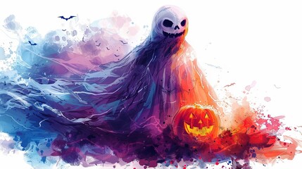 a ghost with a jackolantern head, Halloween icon, pastel drawing, vibrant colors, isolated on white background.