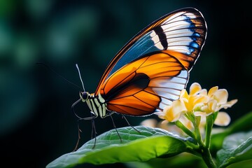 Obraz premium Butterfly with translucent wings, captured in a close-up photo where the light shines through the wings, revealing their delicate, intricate structure