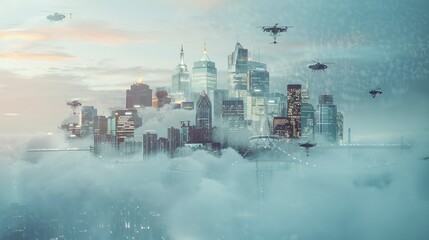 Floating architectural concept with interconnected buildings and sky bridges