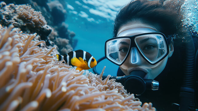 poisson exotique dans les coraux observ&eacute; par une plongeuse dans les eaux peu profonde du r&eacute;cif