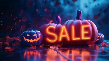 Spooky Halloween sale concept with glowing pumpkins and vibrant fall leaves, perfect for seasonal promotions and festive advertisements.