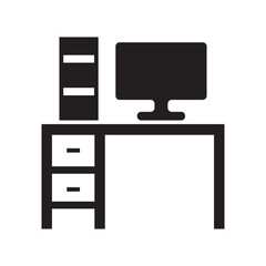 Desk with computer icon. Silhouette on white background. Vector illustration. EPs 10/AI