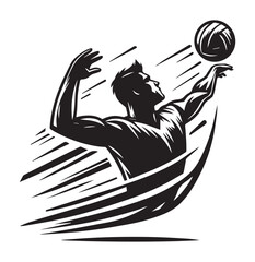 a vector logo featuring the outline of a man performing a jump serve in volleyball.