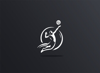 a vector logo featuring the outline of a man performing a jump serve in volleyball.
