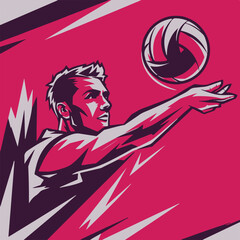 a vector design featuring the outline of a man performing a jump serve in volleyball.