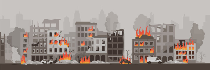 Panorama of a destroyed burning city