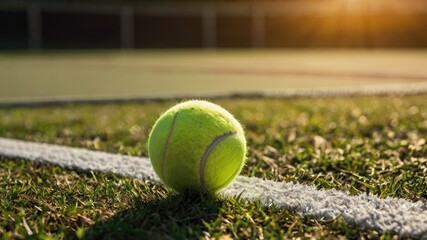 Closeup of a tennis ball and racket on a grass court under the setting sun 