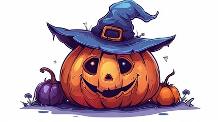a pumpkin with a witch hat, Halloween element, cartoon illustration, vivid colors, isolated on white background.