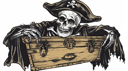 a skeleton pirate with a treasure chest, Halloween motif, vector art, bold lines,