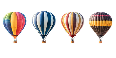 A collection of colorful hot air balloons on a transparent background, each with unique patterns and designs..