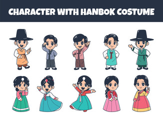 Character with hanbok costume vector illustration set