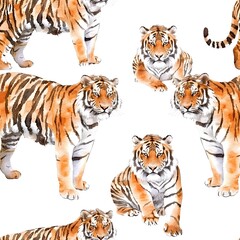 Obraz premium Cute watercolor illustration of smiling tiger cubs with leafy botanical elements on a beige background, Perfect for children's products, nursery decor, greeting cards, and educational materials