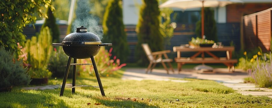 Smoky barbecue grill in sunny backyard garden setting