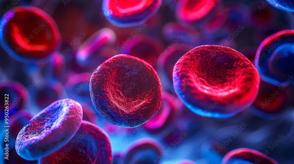 Poster close up of abstract cell structure against a colorful background with blurred backdrop and space
