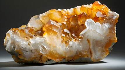 Macro of a citrine quartz geode with the clear crystal faceted.