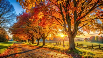 Vivid autumn foliage on trees in countryside during golden hour sunlight, autumn, fall, colorful, leaves, red, yellow