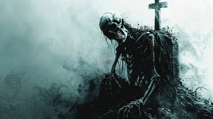 Fototapeta premium a spooky skeleton emerging from a grave, Halloween scene, digital painting,