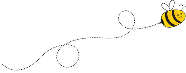 bumble-bee with dash line. cute honey bee. bee vector icon, honey bee vector illustration. flying bee route. flying bee line path. bee on dotted route. © Haris Gul