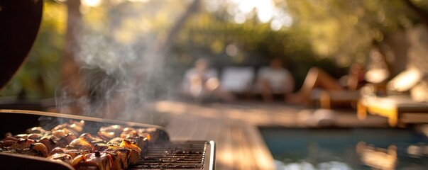 Smoky BBQ grill by poolside, sunny summer vibes