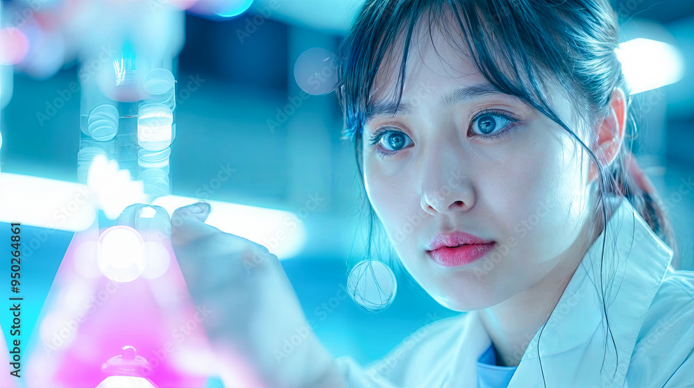 Poster young female scientist focused on experiment with erlenmeyer flask in advanced laboratory with futur