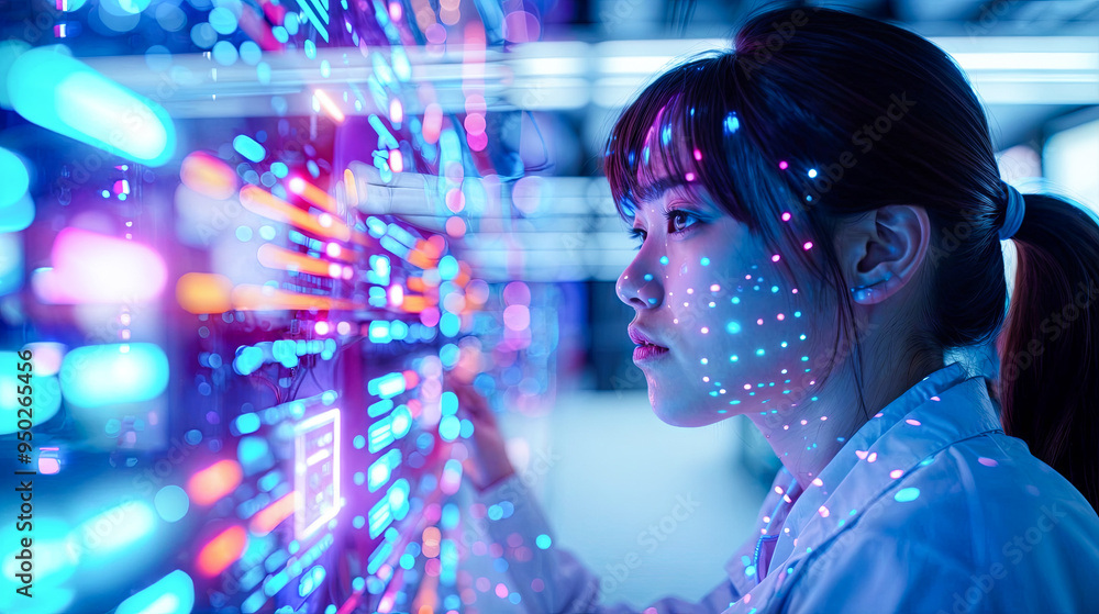 Poster asian female scientist using futuristic touchscreen interface in high tech laboratory with computer 