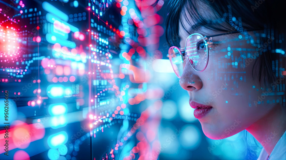Poster young woman data scientist using futuristic transparent interactive touchscreen device to analyze bi