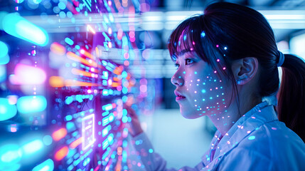 Asian Female Scientist Using Futuristic Touchscreen Interface In High Tech Laboratory With Computer Generated Images Projected Onto Her Face - Digital Transformation Concept