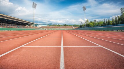 Spectacular Outdoor Sports Facility with Empty Running Track Lanes, Ready for Athletic Competitions and Training in High-Resolution