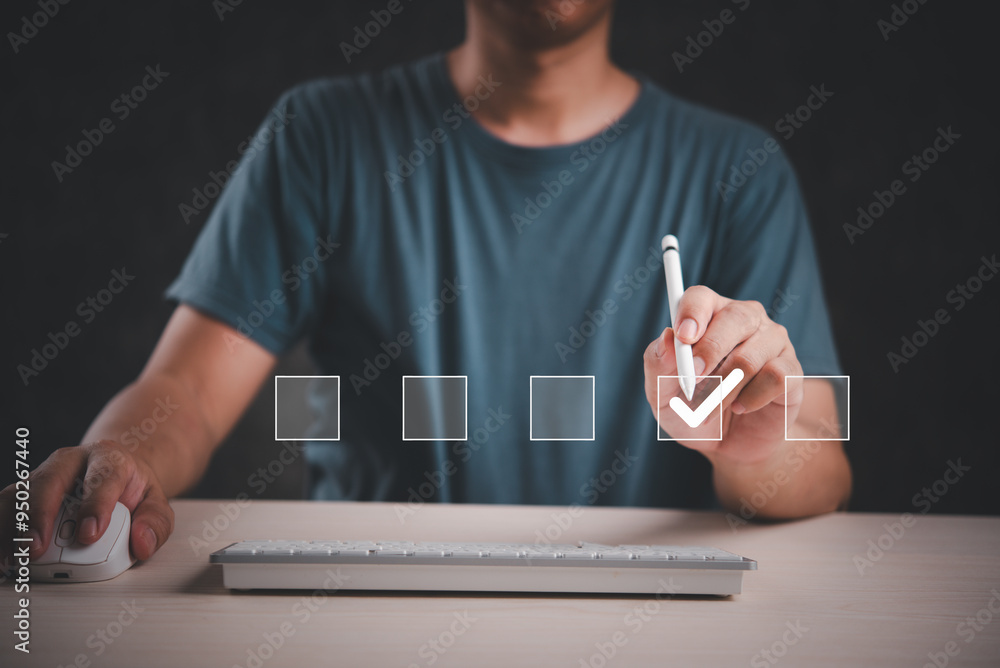 Poster person uses a digital pen to select a checkbox on a virtual interface, demonstrating digital decisio