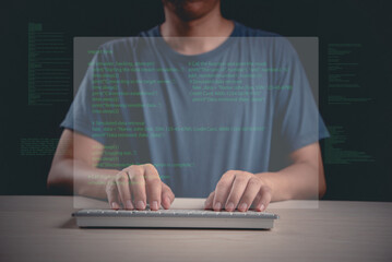 person typing code on a keyboard with a digital overlay, representing programming, software development, and cybersecurity in a tech environment. Technology, coding, cybersecurity.