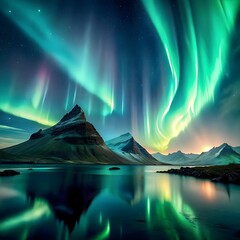 Landscape with mountains and clouds and also aurora