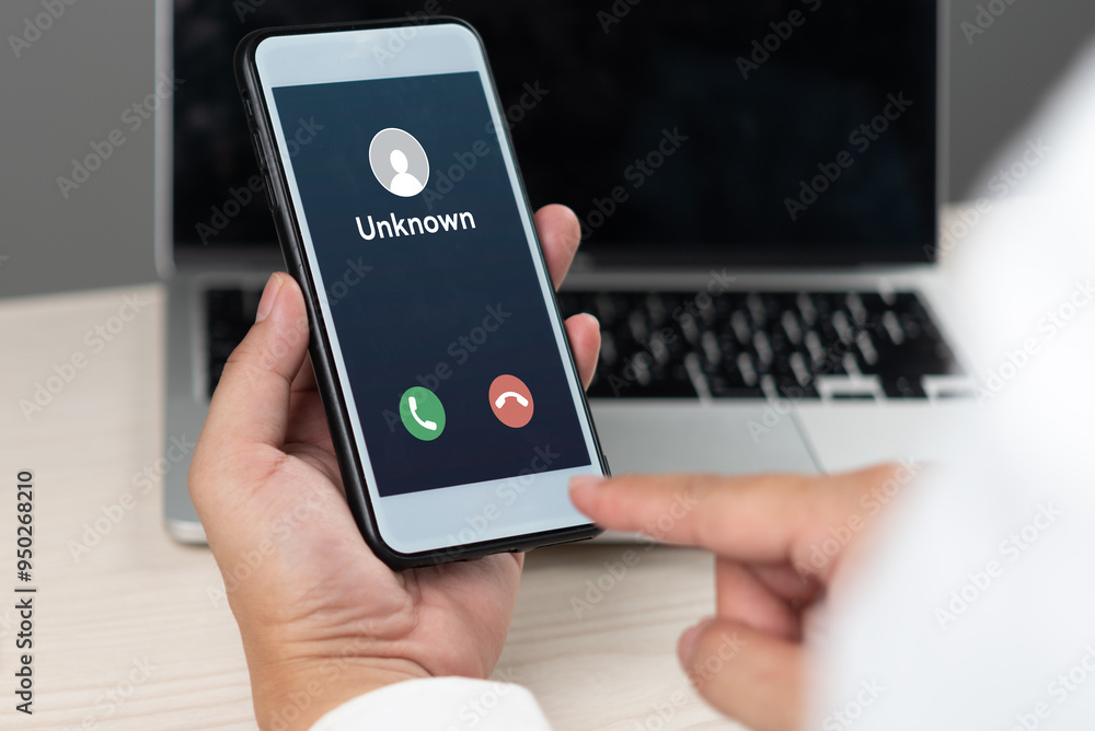 Aufkleber hand holding a smartphone displaying an incoming call from an unknown caller, representing communica