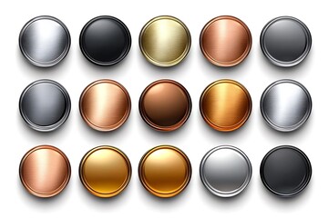 Illustration of 15 Brushed Metal Circles in Different Colors - Silver, Gold, Copper, and Black