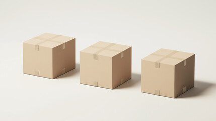 Three cardboard boxes sealed with tape standing in a row on white background