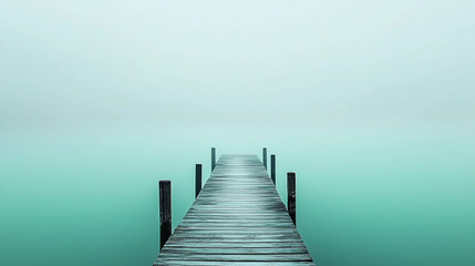 Obraz premium A peaceful foggy dock at dusk with soft green glow creates serene atmosphere.