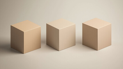 Three cardboard boxes mockups standing in line on a beige background