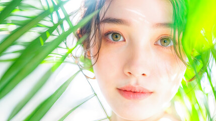 Fototapeta premium Beautiful Asian Woman with Healthy Skin and Hair Relaxing in Nature Surrounded by Lush Green Palm Leaves - Wellness