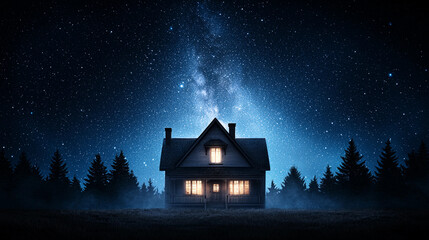 Fototapeta premium A softly lit old mansion stands under starry night sky, exuding warmth and tranquility.