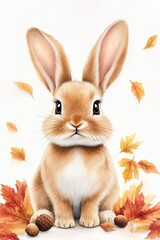 Obraz premium Illustration of a cute brown rabbit sitting among falling autumn leaves and acorns on a white background.